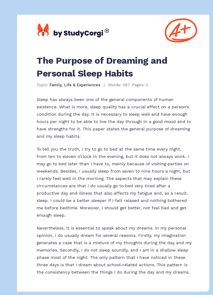 The Purpose of Dreaming and Personal Sleep Habits. Page 1