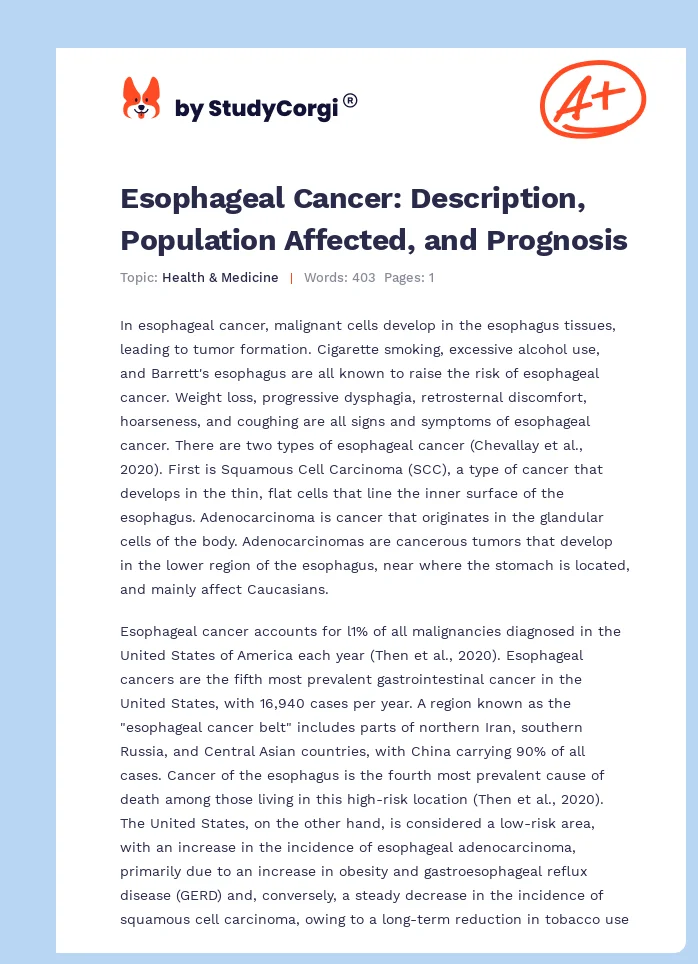 Esophageal Cancer: Description, Population Affected, and Prognosis. Page 1