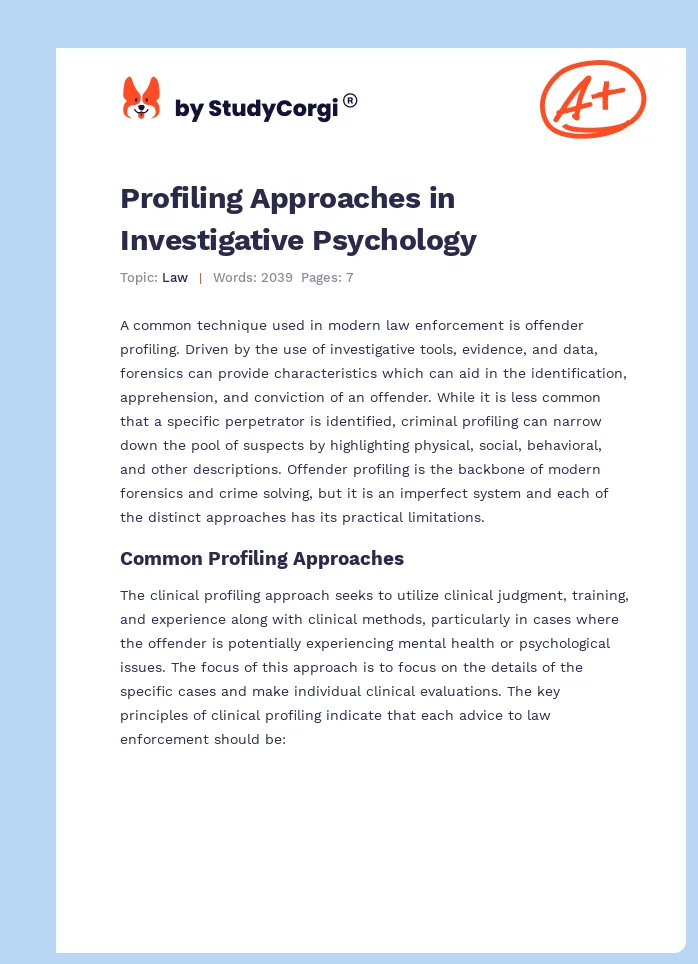 Profiling Approaches in Investigative Psychology. Page 1