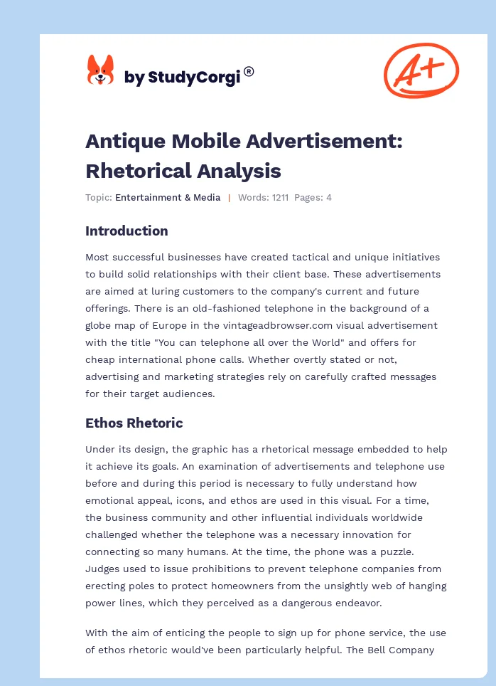 Antique Mobile Advertisement: Rhetorical Analysis. Page 1