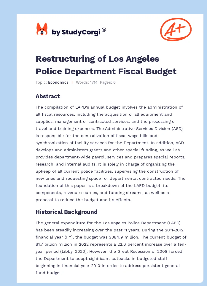 Restructuring of Los Angeles Police Department Fiscal Budget. Page 1