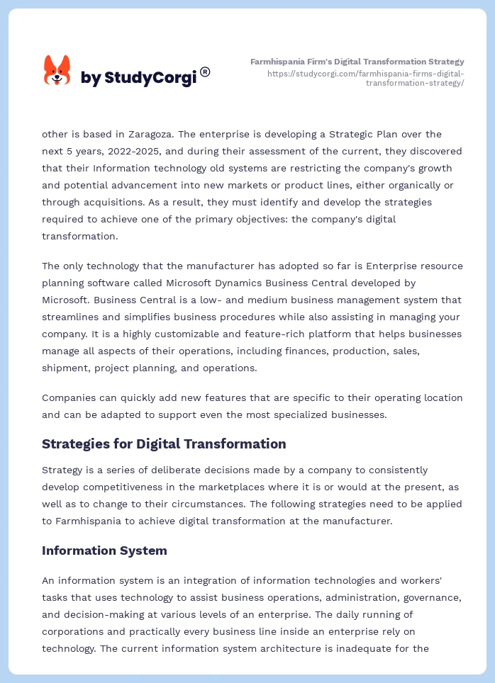 Farmhispania Firm's Digital Transformation Strategy. Page 2