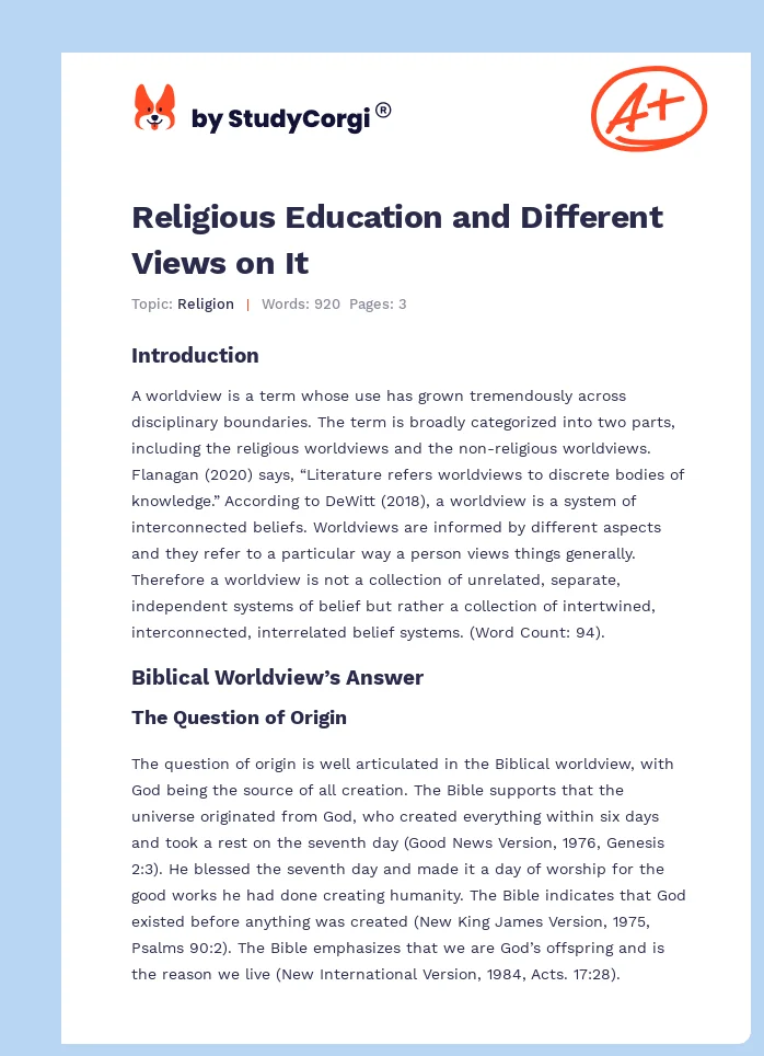 Religious Education and Different Views on It. Page 1