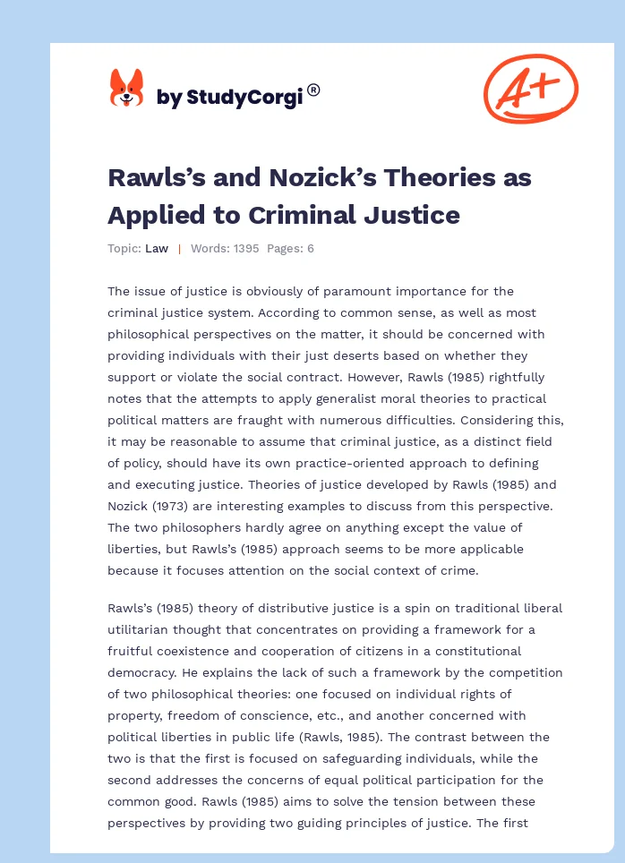 Rawls’s and Nozick’s Theories as Applied to Criminal Justice. Page 1