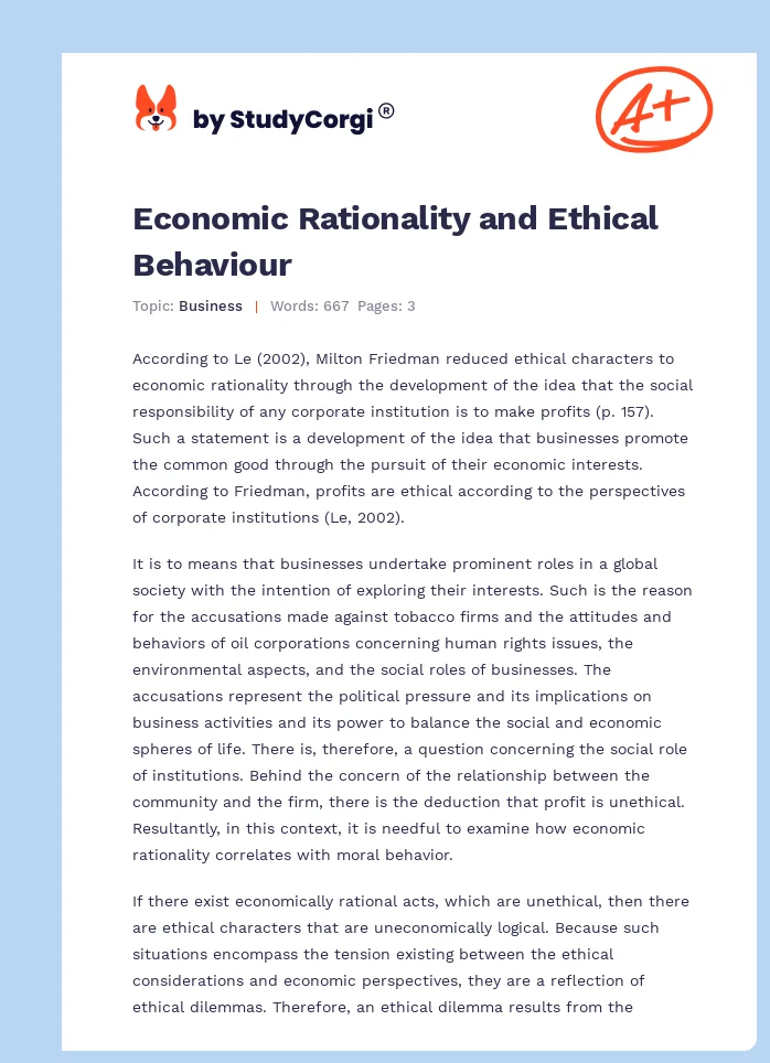 Economic Rationality and Ethical Behaviour. Page 1