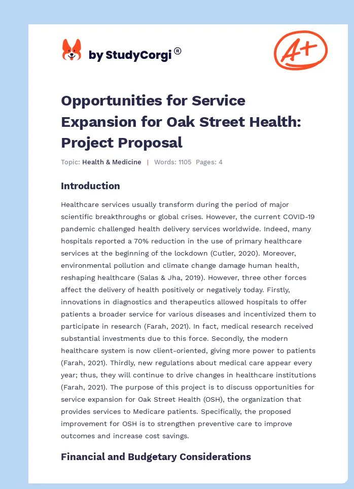 Opportunities for Service Expansion for Oak Street Health: Project Proposal. Page 1