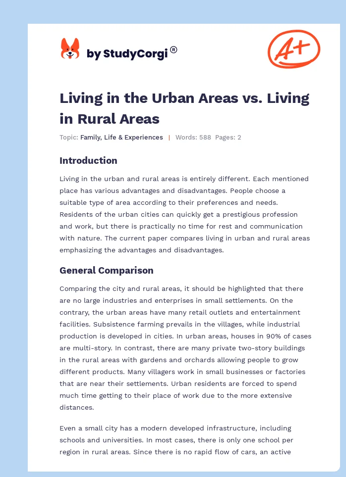 Living in the Urban Areas vs. Living in Rural Areas. Page 1