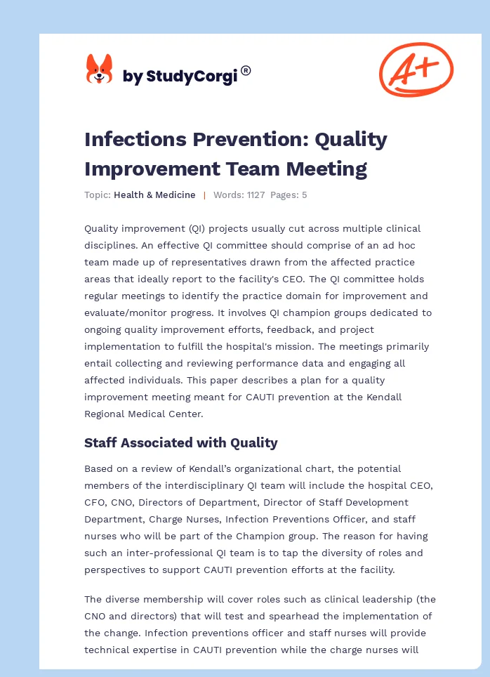 Infections Prevention: Quality Improvement Team Meeting. Page 1