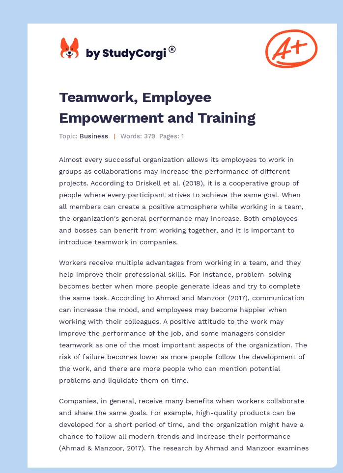 Teamwork, Employee Empowerment and Training. Page 1