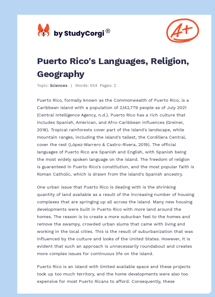 Puerto Rico's Languages, Religion, Geography. Page 1