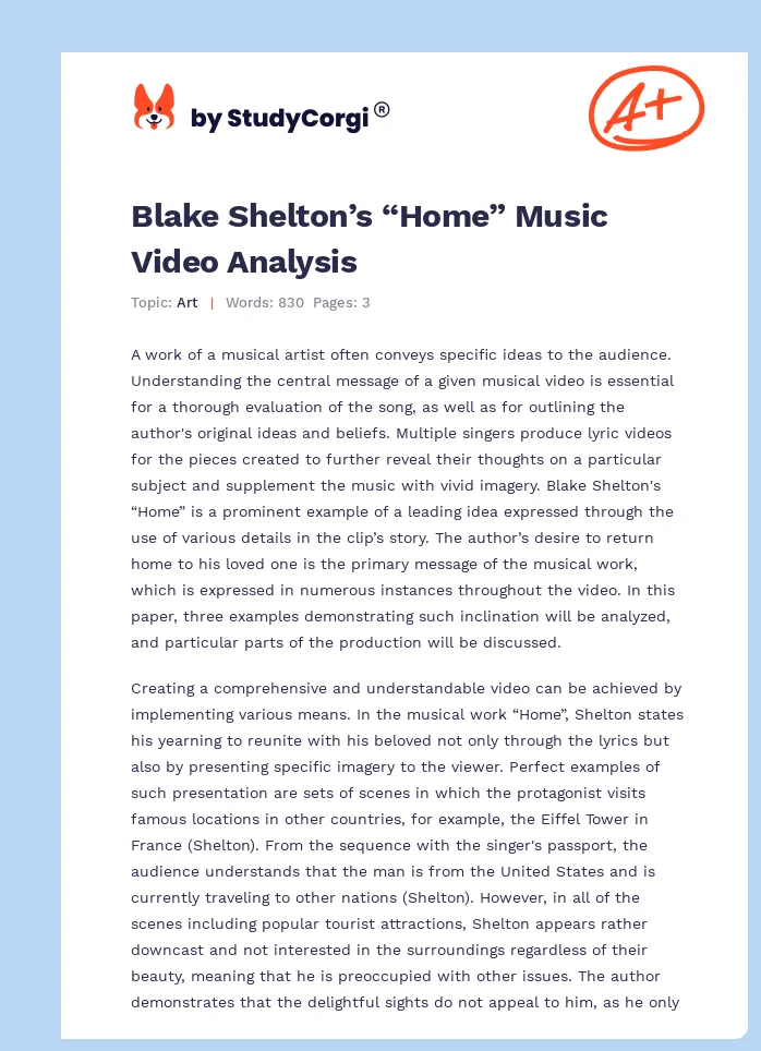 Blake Shelton’s “Home” Music Video Analysis. Page 1