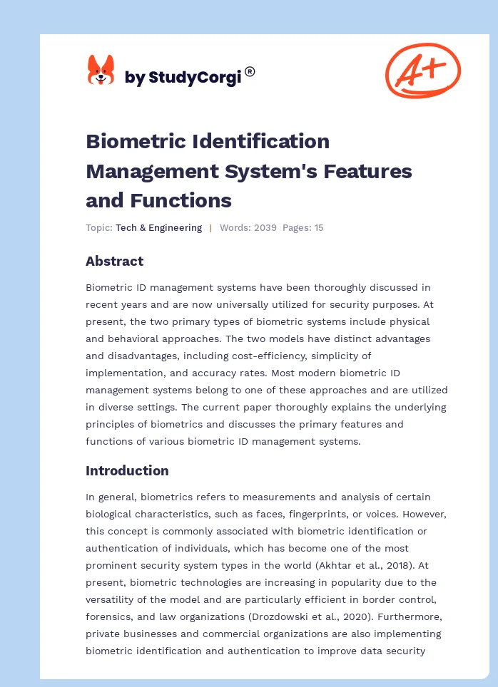 Biometric Identification Management System's Features and Functions. Page 1