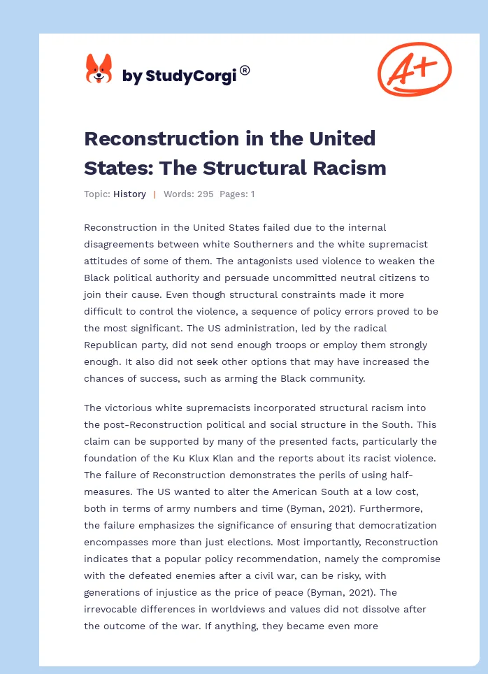 Reconstruction in the United States: The Structural Racism. Page 1