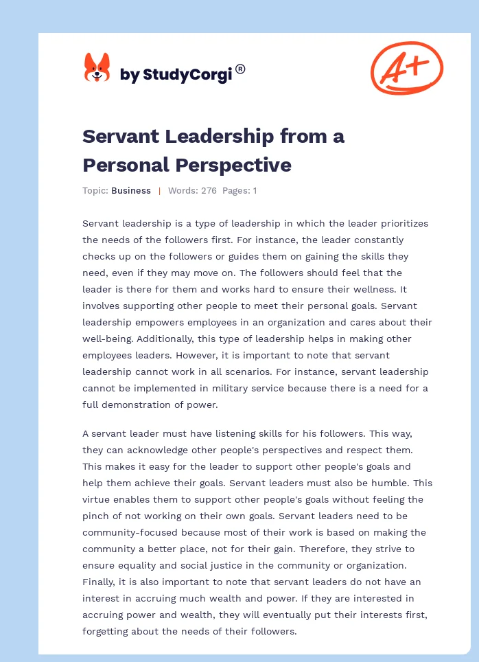 Servant Leadership from a Personal Perspective. Page 1