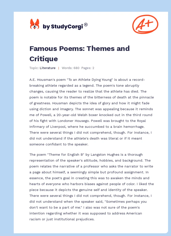 Famous Poems: Themes and Critique. Page 1