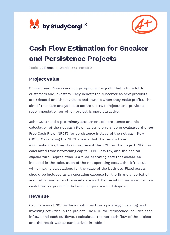 Cash Flow Estimation for Sneaker and Persistence Projects. Page 1