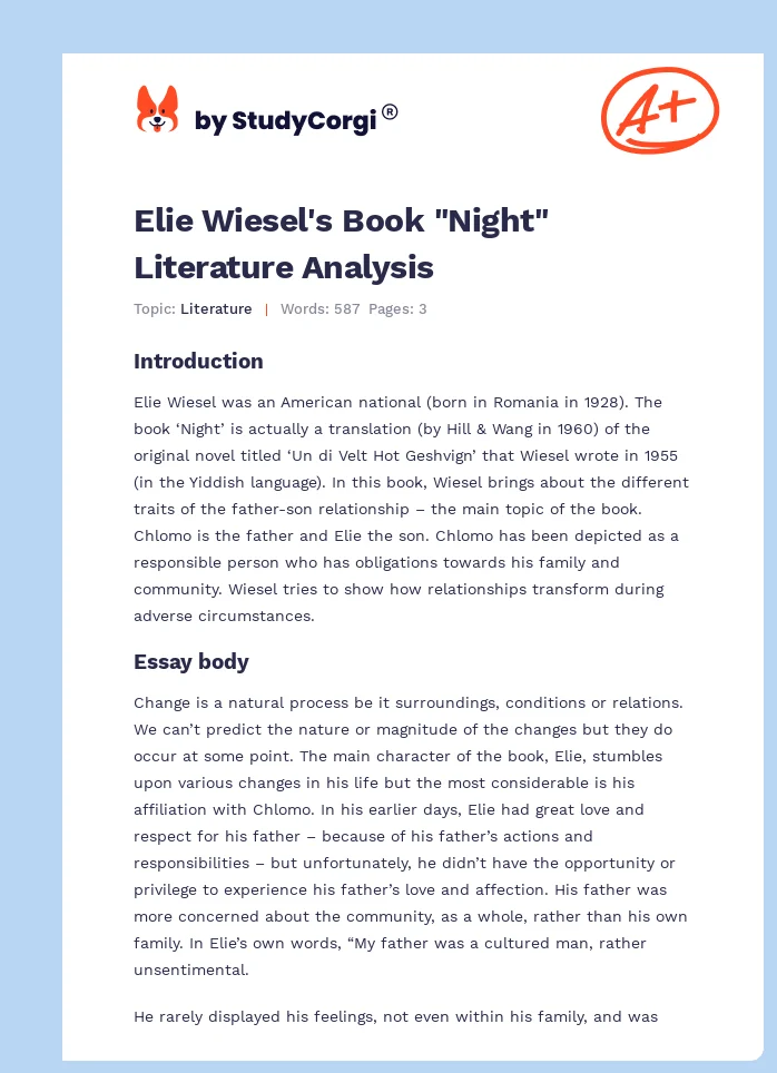 Elie Wiesel's Book "Night" Literature Analysis. Page 1