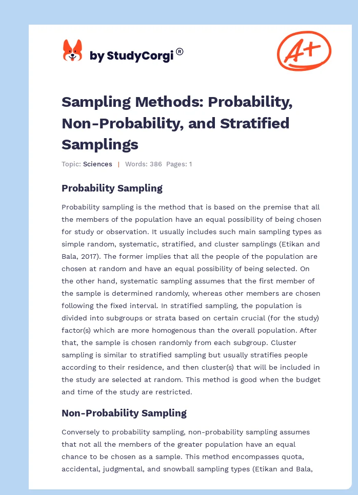Sampling Methods: Probability, Non-Probability, and Stratified Samplings. Page 1