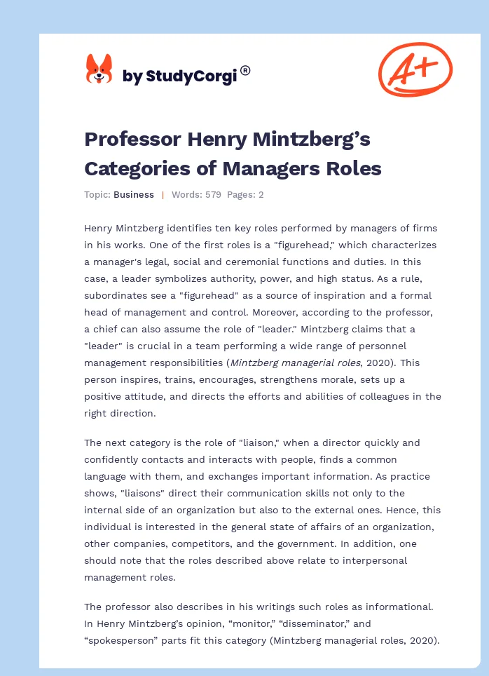 Professor Henry Mintzberg’s Categories of Managers Roles. Page 1