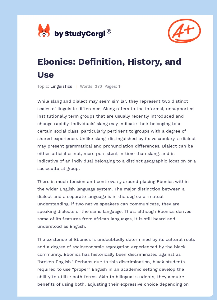 Ebonics: Definition, History, and Use. Page 1