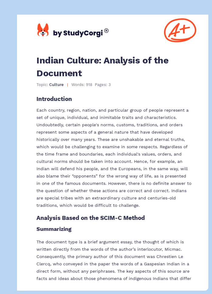 Indian Culture: Analysis of the Document. Page 1