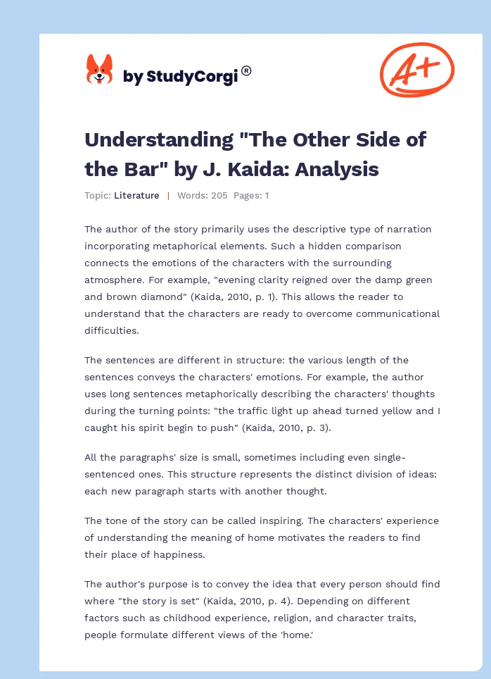 Understanding "The Other Side of the Bar" by J. Kaida: Analysis. Page 1
