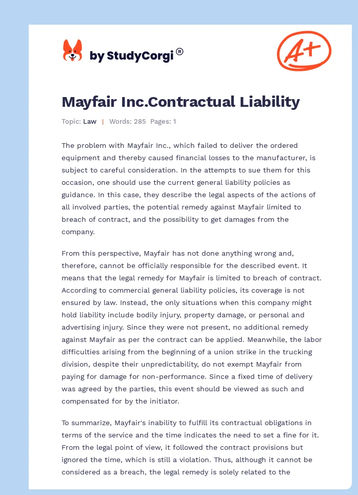 Mayfair Inc.Contractual Liability. Page 1
