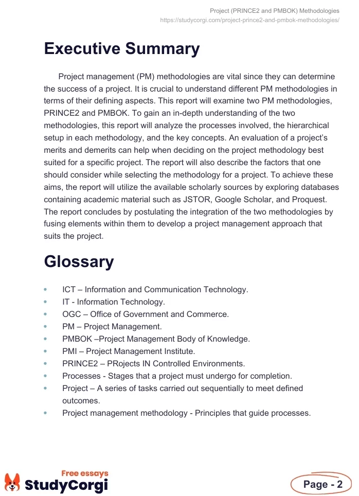 Project (PRINCE2 and PMBOK) Methodologies. Page 2