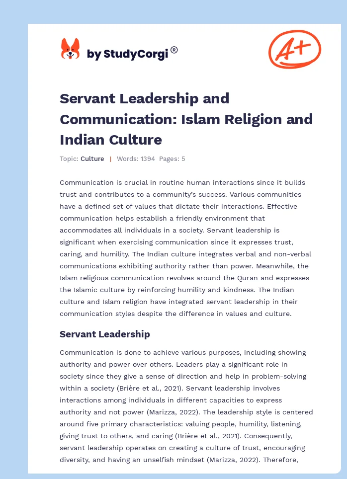 Servant Leadership and Communication: Islam Religion and Indian Culture. Page 1