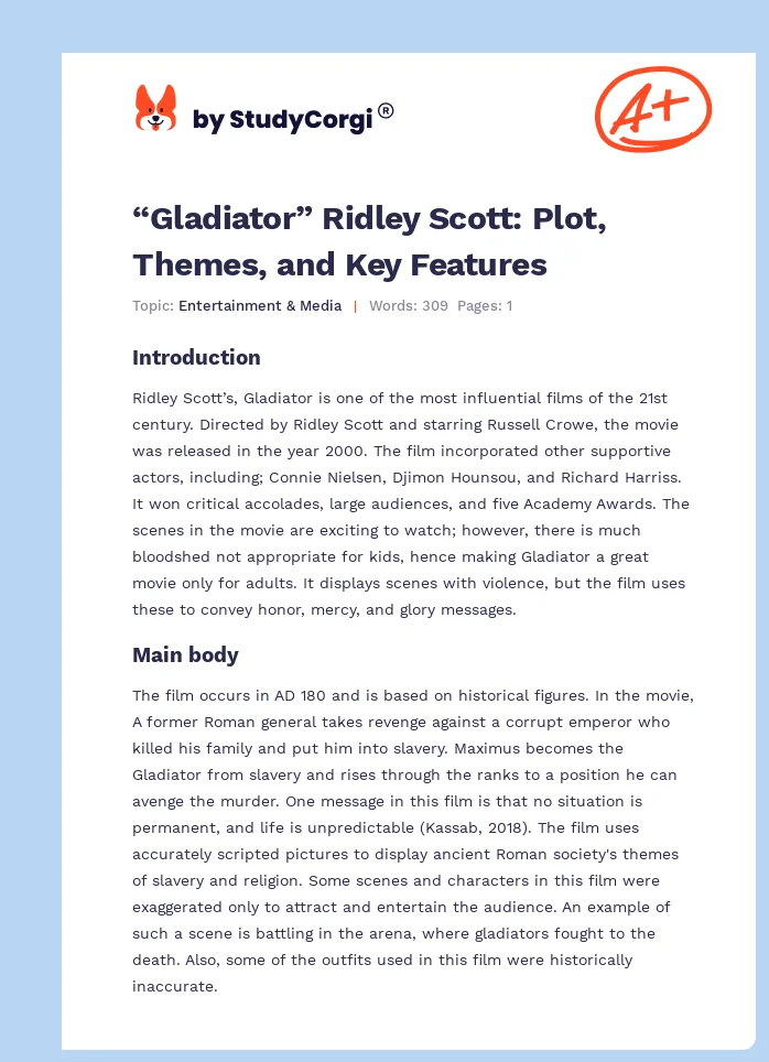 “Gladiator” Ridley Scott: Plot, Themes, and Key Features. Page 1