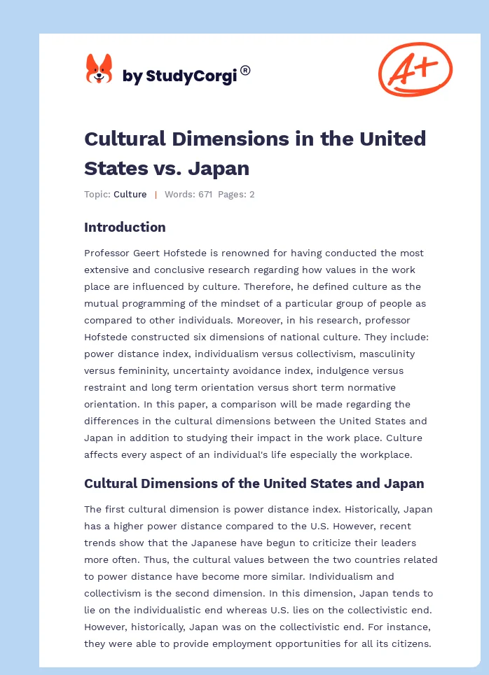 Cultural Dimensions in the United States vs. Japan. Page 1