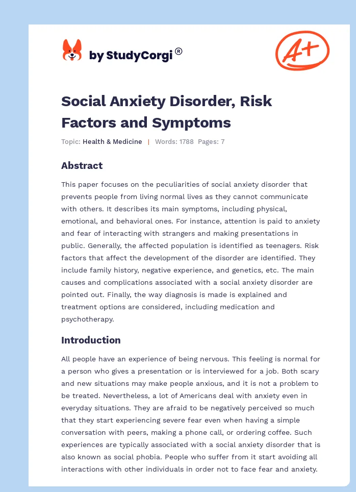 Social Anxiety Disorder, Risk Factors and Symptoms. Page 1