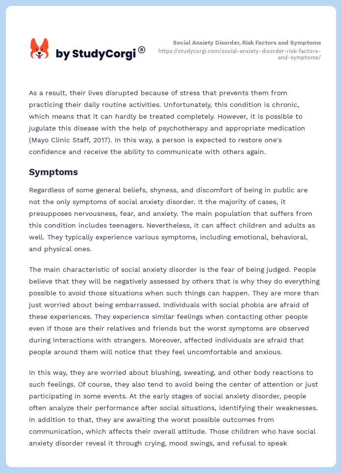 Social Anxiety Disorder, Risk Factors and Symptoms. Page 2