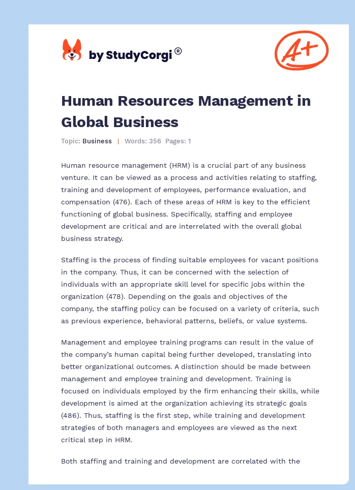 Human Resources Management in Global Business. Page 1