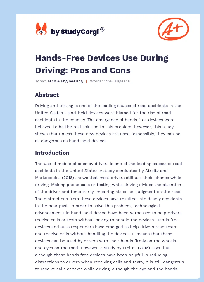 Hands-Free Devices Use During Driving: Pros and Cons. Page 1