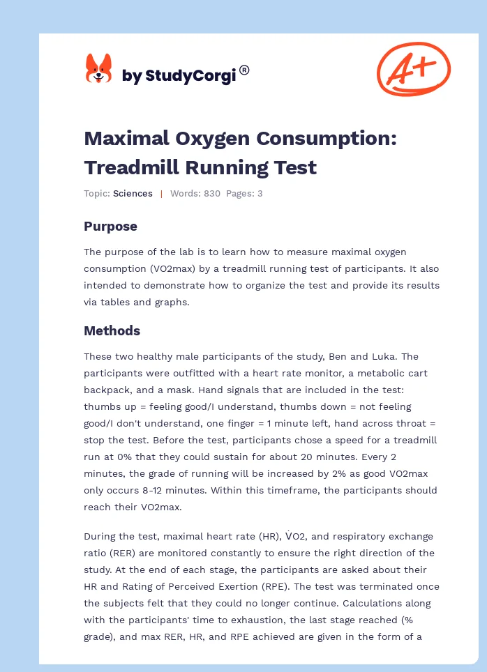 Maximal Oxygen Consumption: Treadmill Running Test. Page 1