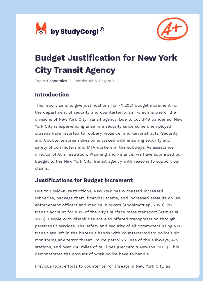 Budget Justification for New York City Transit Agency. Page 1