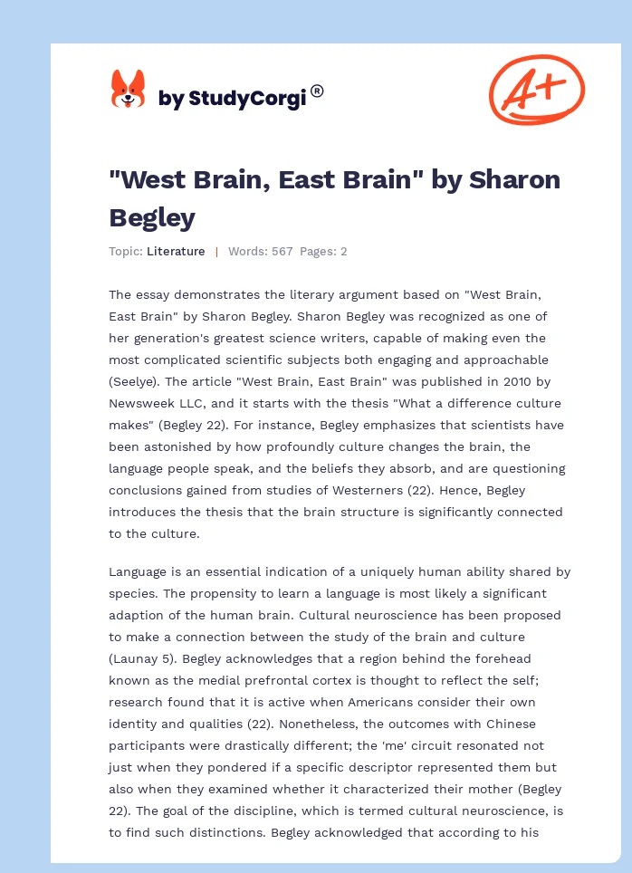 "West Brain, East Brain" by Sharon Begley. Page 1