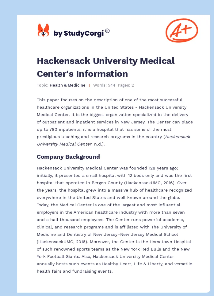 Hackensack University Medical Center's Information. Page 1