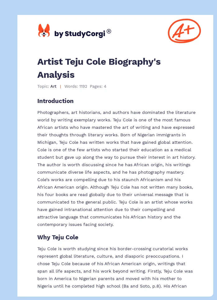 Artist Teju Cole Biography's Analysis. Page 1