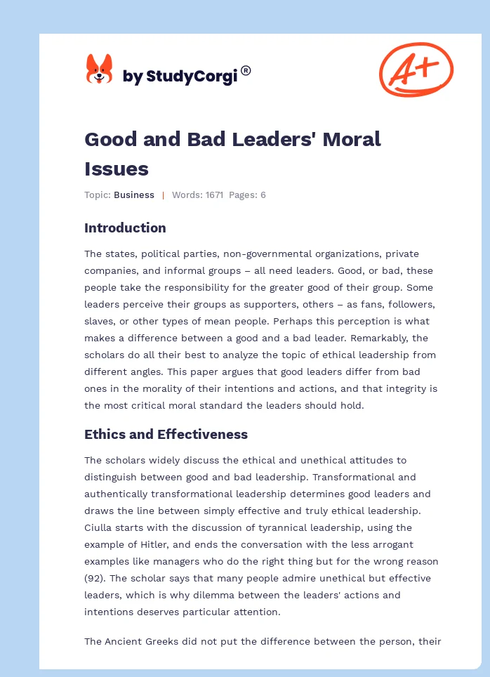 Good and Bad Leaders' Moral Issues. Page 1