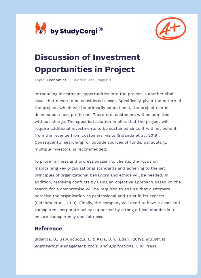 Discussion of Investment Opportunities in Project. Page 1