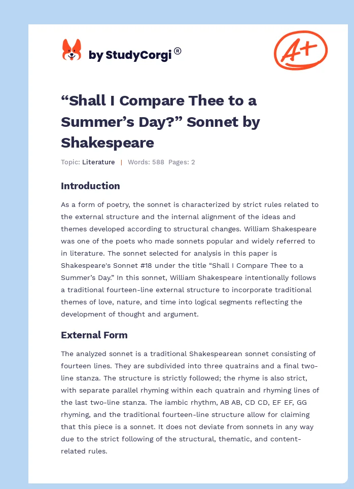 “Shall I Compare Thee to a Summer’s Day?” Sonnet by Shakespeare. Page 1