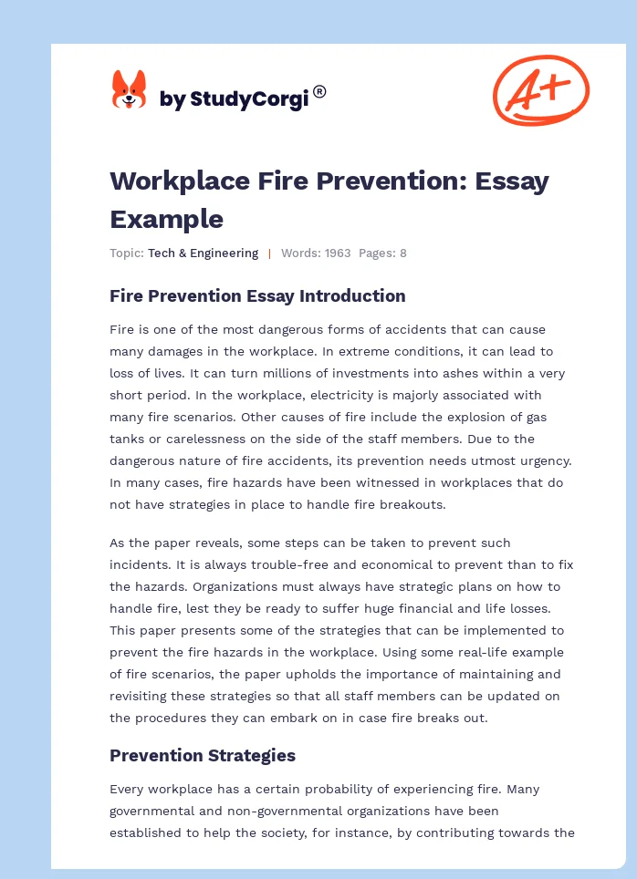 Workplace Fire Prevention: Essay Example. Page 1