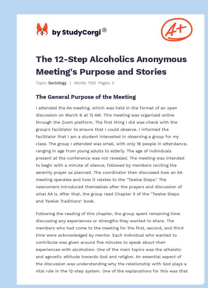 The 12-Step Alcoholics Anonymous Meeting's Purpose and Stories. Page 1