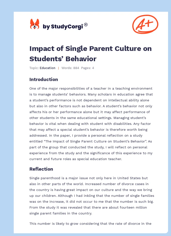 Impact of Single Parent Culture on Students’ Behavior. Page 1