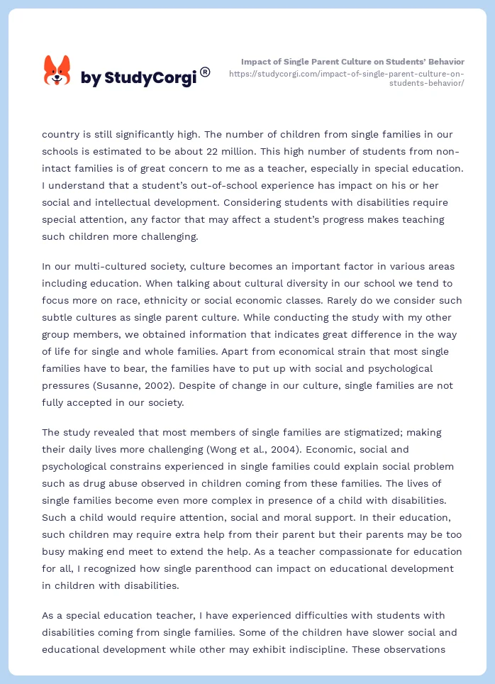 Impact of Single Parent Culture on Students’ Behavior. Page 2