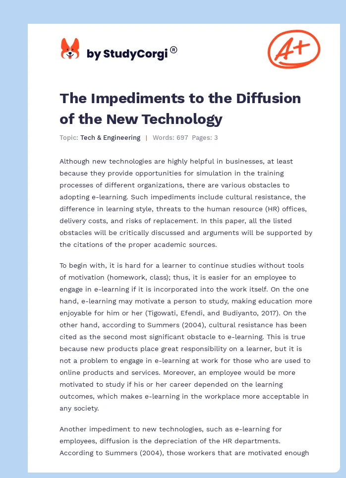 The Impediments to the Diffusion of the New Technology. Page 1