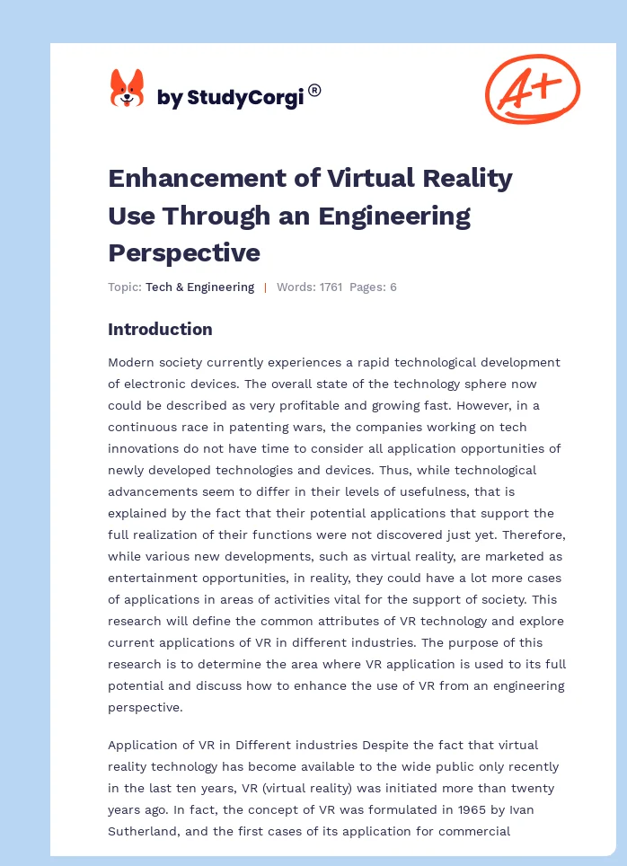 Enhancement of Virtual Reality Use Through an Engineering Perspective. Page 1