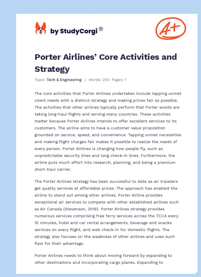 Porter Airlines’ Core Activities and Strategy. Page 1